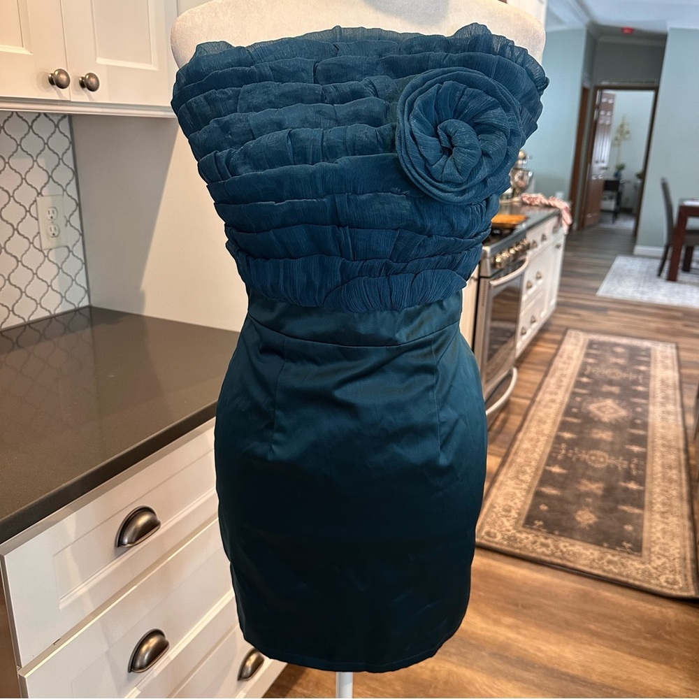 Vintage Y2K 90s Karimadon Teal Green Mini Tube Dress XS Formal Ruffle Rosette